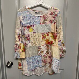 John Mark M Patchwork Floral 100% Linen Tunic Hi-Low 3/4 Sleeve Top